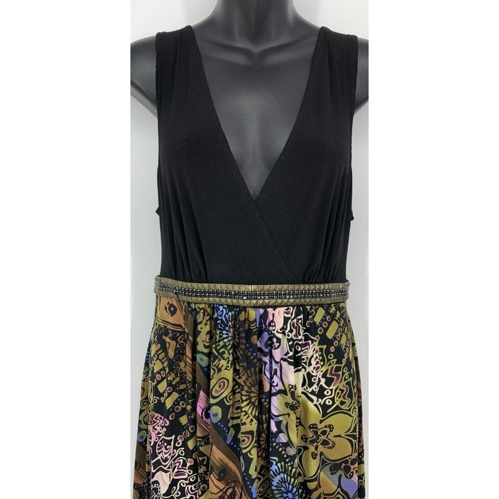 Connected Apparel Women Dress Size 14 Black Boho Print Beaded V Neck Sleeveless - Picture 2 of 7